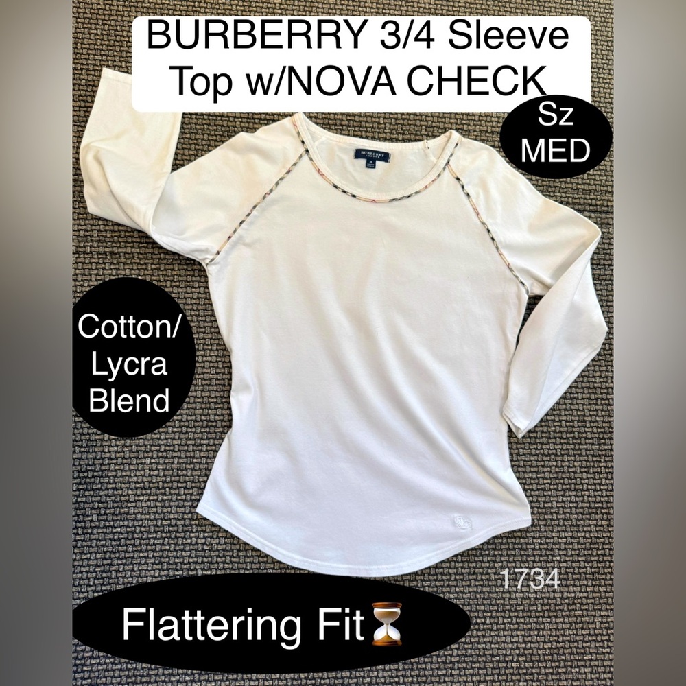 BURBERRY Womens 3/4 Sleeve w/Logo & Nova Check❤️Cotton/Lycra blend⏳Medium. EUC🔥